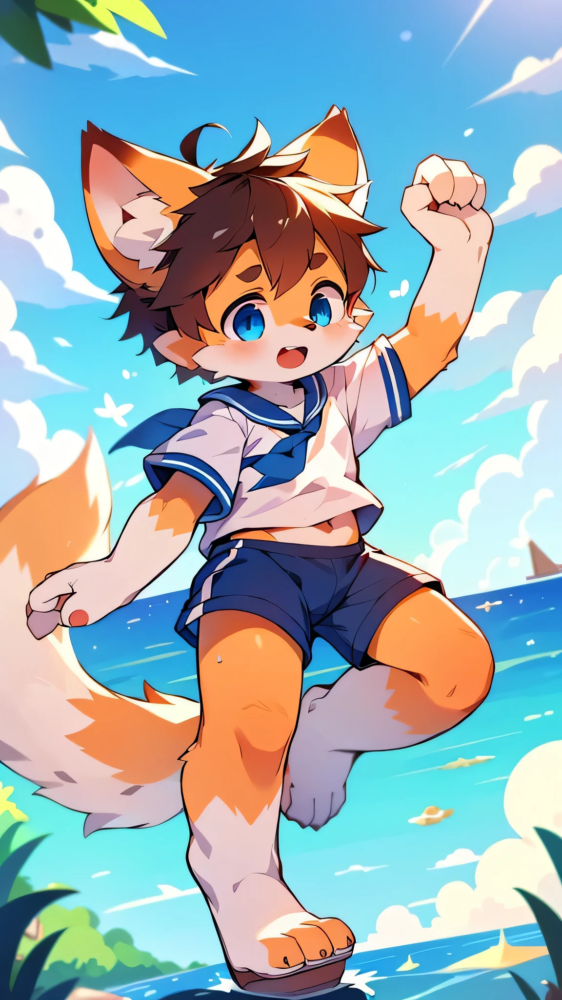 kemoshota, best quality,best resolution,(fluffy anthro furry :1.6),(young :1.6), dog shota, dachshund, white fur, naked, heavy breath, plenty drool, dynamic angle, 6 year old boy,Masterpiece,cub,best resolution, white hair boy, ears, tail, pubic fur, sweating, full face blush, naked mini shorts, Solo, kemono, blushes, look at camera, smile open mouth, standing on mouth, view from mountain, cloud fog background, sunrise time, tony tony chopper, beautiful contrast of light and dark