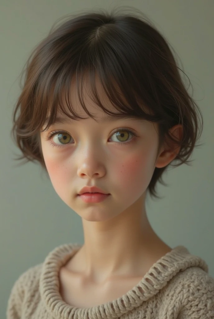 A  girl, redhead, some cement, with short curly hair and green eyes, rear