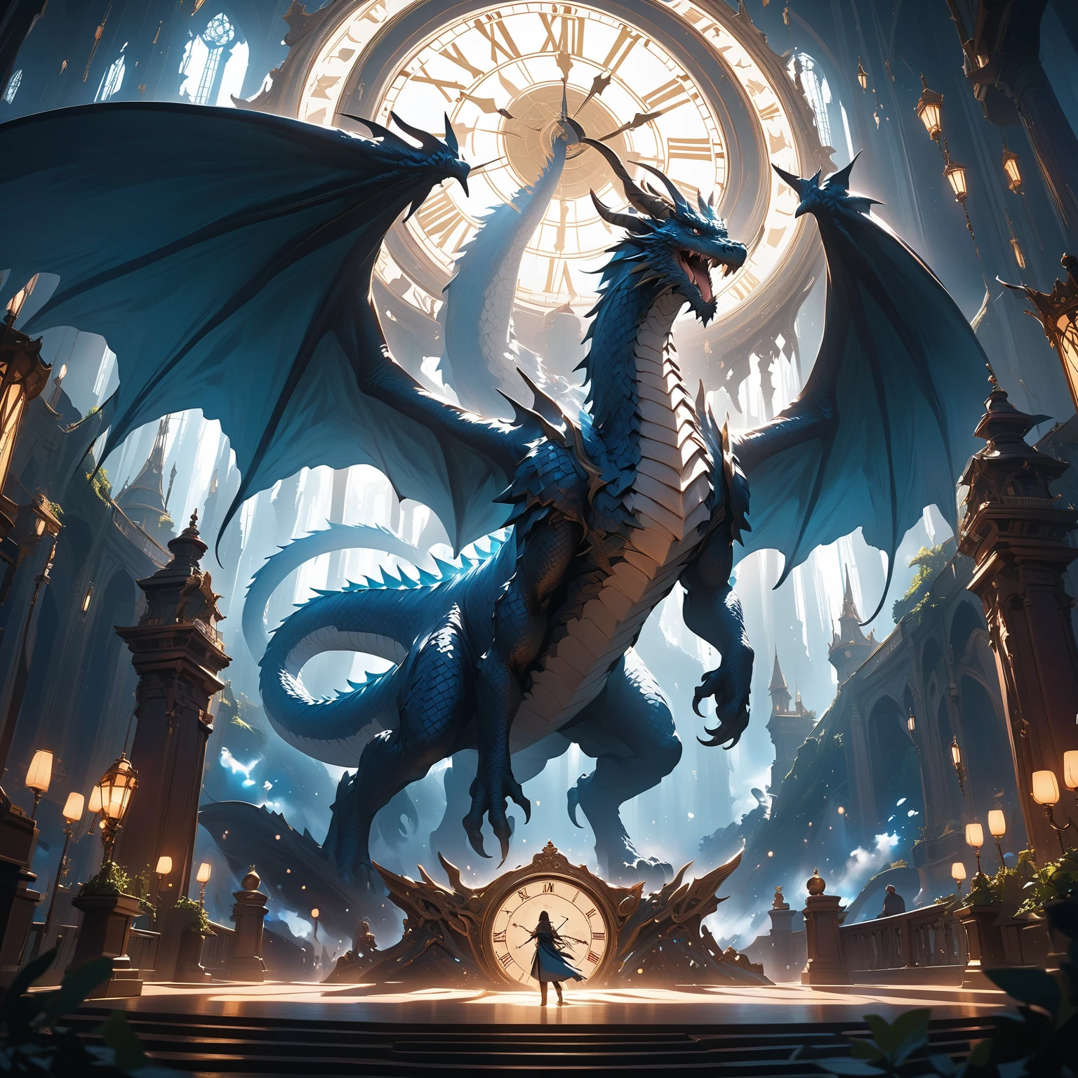 (Theme: A Single Cloud in the Sky:2),fantasy seen down,(Giant dragon),(Putty Dark Forest :1.5),(Big mirror clock