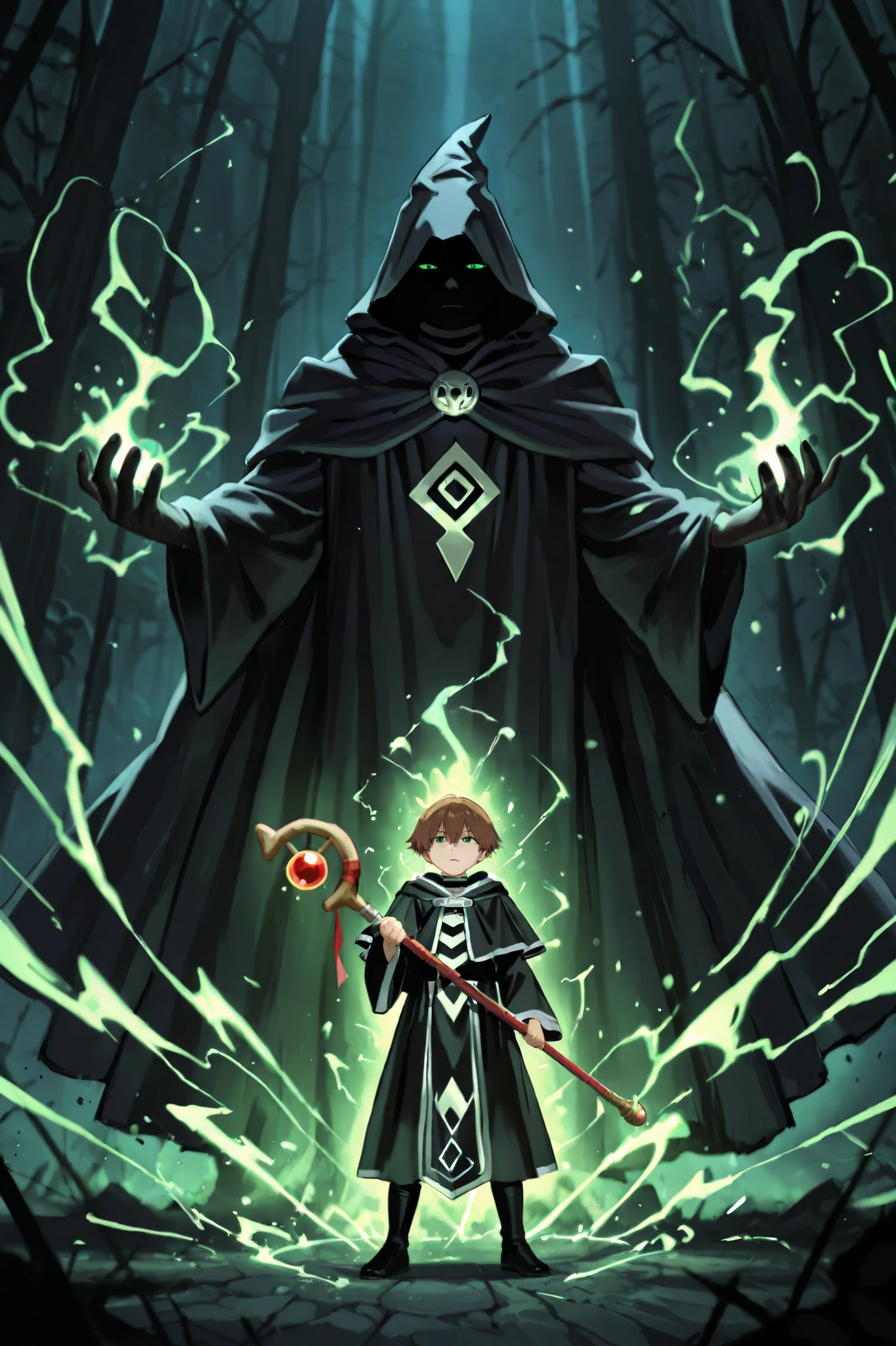 CREATE A HIGH-QUALITY IMAGE (4K, HD) of a -yeld maian, with brown hair and intense green eyes. with approximately 1,70 m tall and a slender and agile body, his gaze expresses restrained anger and determination. He wields a wizard's staff ornamented while channeling vibrant magic into your hand, evidencing mystical energy. He wears a long traditional wizard robe, that moves smoothly in a dark and mysterious environment, where deep shadows and dramatic lighting emphasize his feelings. The visual style must be inspired by the anime 'Frieren', with detailed emotional traits and an atmosphere that highlights every aspect of the scene.