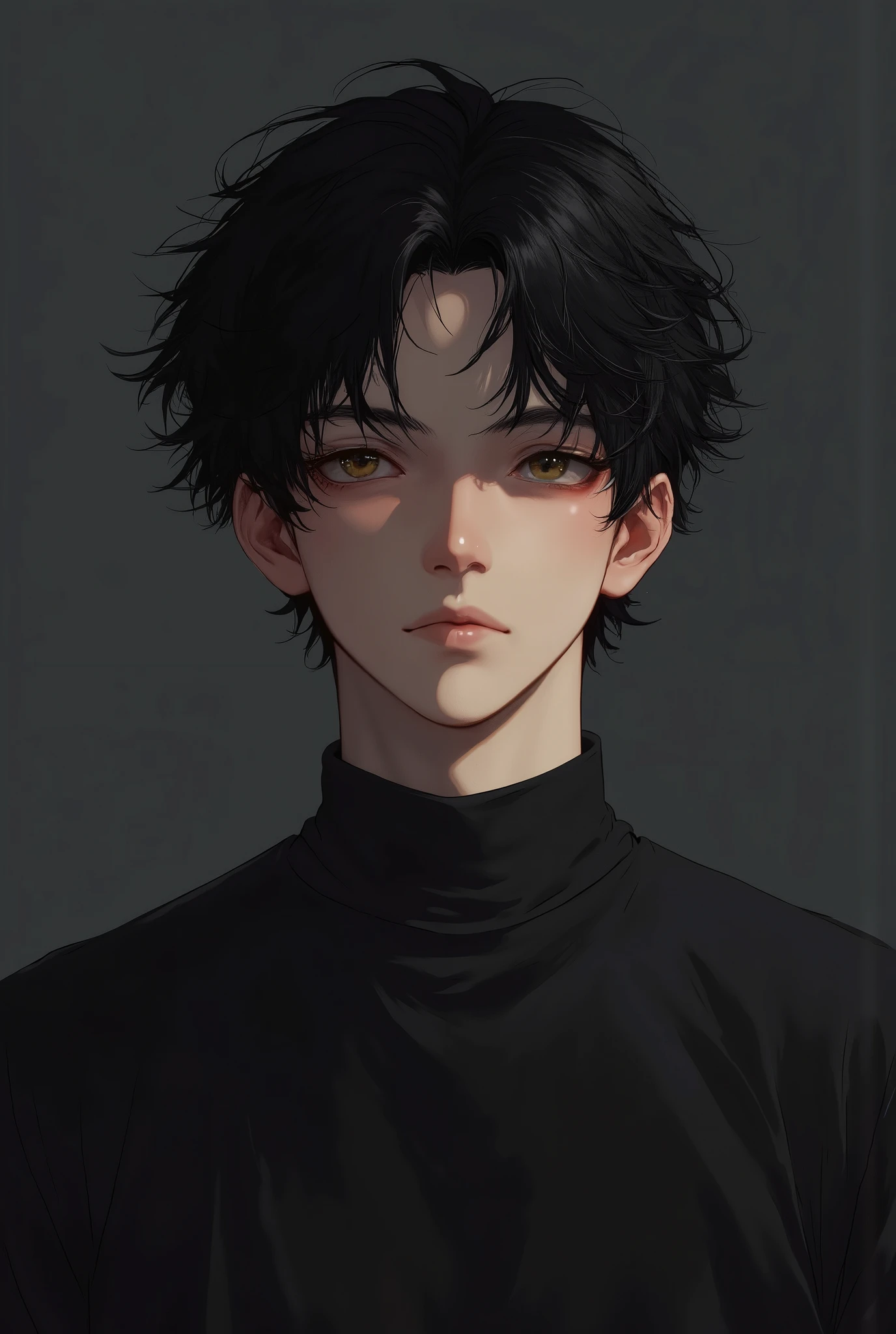 masterpiece, best quality, realistic 8K, one mature male, 25 years old, extremely detailed face, ((yellow eyes)), ((short black perm hair covering all forehead)), Extremely delicate and stern face ((cold look)), ((sharp eyes)), 21st century, (whole portrait), dark grey color background, red hair, albino boy, black hair, handsome, simple black turttleneck t-shirt, bubbling hair, sexy, dark atmosphere, a faint smile, Decadent beauty, bright yellow eyes, masculine, wear only black turttleneck t-shirt, model face, attractive, side view, side face, no lighting