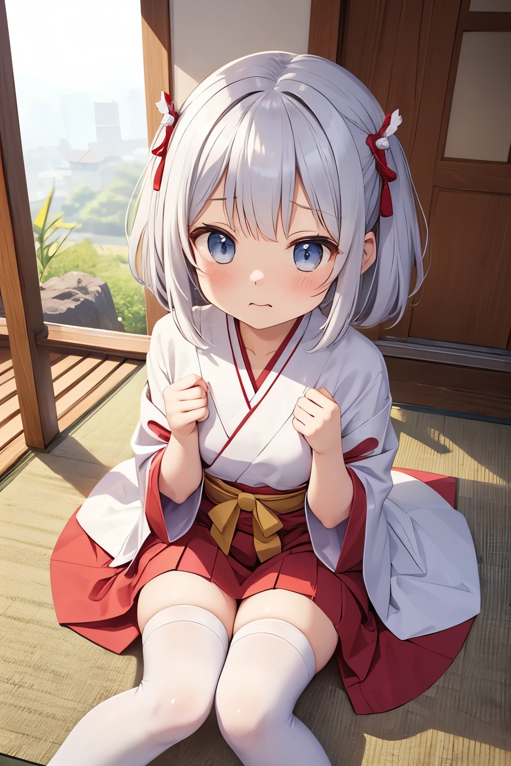 Older sister　 Silver Hair　Shrine maiden　shrine　 style　 disgusting expression　above your mouth　white stockings