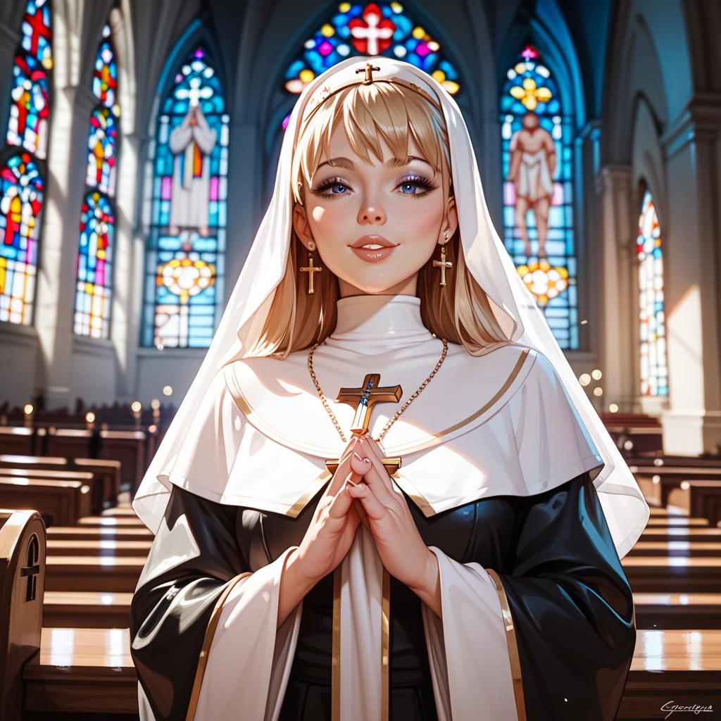 It seems that you are describing a very beautiful and delicate scene! a short woman , Skinny and beautiful , with straight hair, black and long, wearing religious clothing, in a church setting, conveys an atmosphere of purity and serenity. The combination of elements such as religious clothing, the well-kept hair and the church environment creates an image full of meaning and beauty.