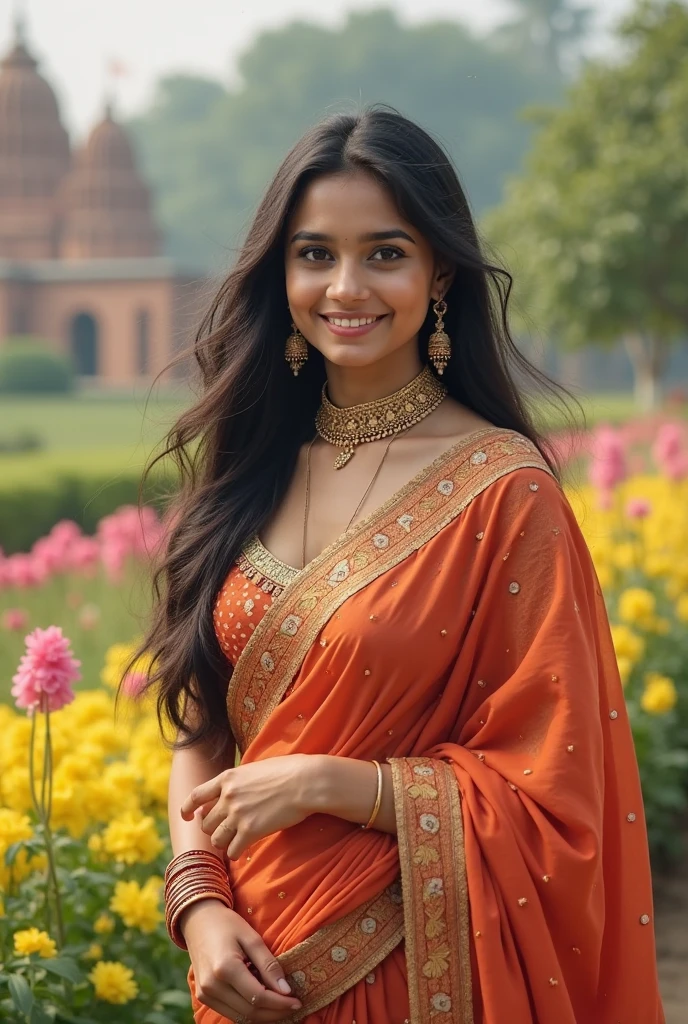 24 years most beautiful women were Indian traditional sari and sitting in the pradices passing a smile