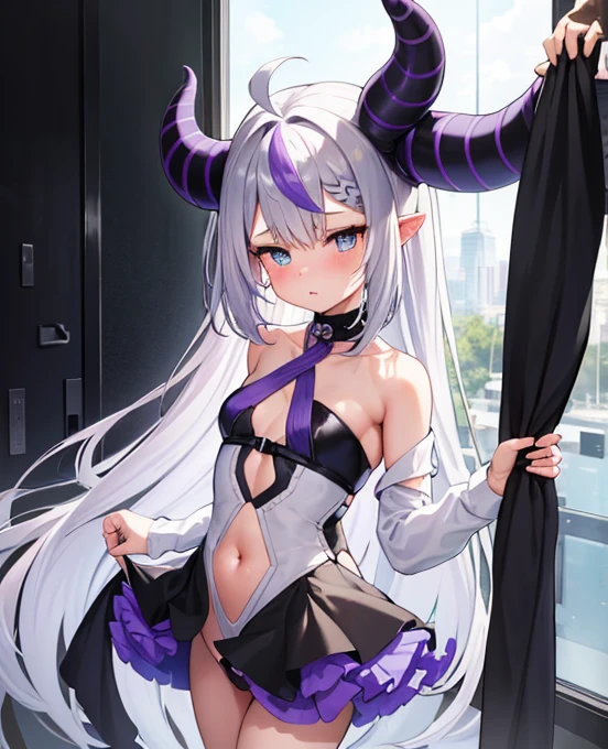 (8k、Best image quality、highest quality、masterpiece)、Detailed face、 One girl、((Laplus darkness))、Gray Hair、Long Hair、Yellow Eyes、Pointed Ears、((Big horns))、evil smile、((Grin))、((Small breasts))、((playboy bunny))、Cowboy Shot、Hands on hips、Stage Background