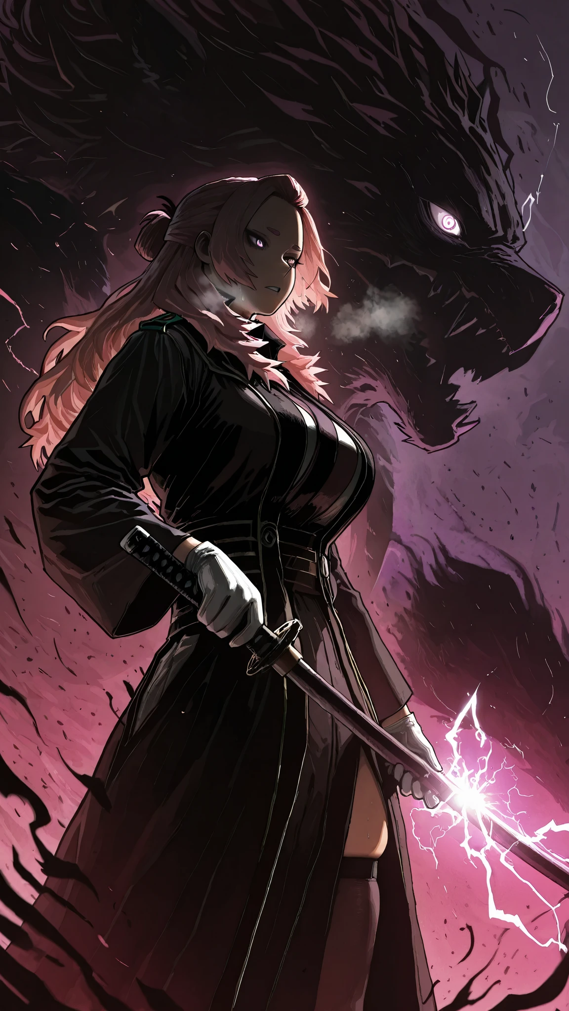 (Luxu-style:1.4), (Gogalking-style:1.2), (Kohei Horikoshi, My Hero Academia), Masterpiece, high quality, absurdres, best quality, very aesthetic, newest, dramatic light, chiaroscuro technically, contrasting color, dynamic composition, anatomical correct, HD, 4K, digital art, trending on DeviantArt, perfect body, perfect eyes, makeup, detailed eyes, perfect fingers, gasping, heavy breathing, excessive sweating, sweating, sweating profusely, gasping profusely, cinematic, ((skindentation)), ((voluptuous)), Mmananakiri, mature female, long hair, half updo hair, ((dark-pink hair)), purple eyes, short eyebrows, big breasts, bright pupils, weapon, sword, holding, holding_weapon, holding_sword, gloves, solo, looking_at_viewer, katana, purple_theme, white_gloves, glowing, glowing_eyes, long_sleeves, monster, standing, coat, ((dark aura, black aura)), glowing eyes, electricity 