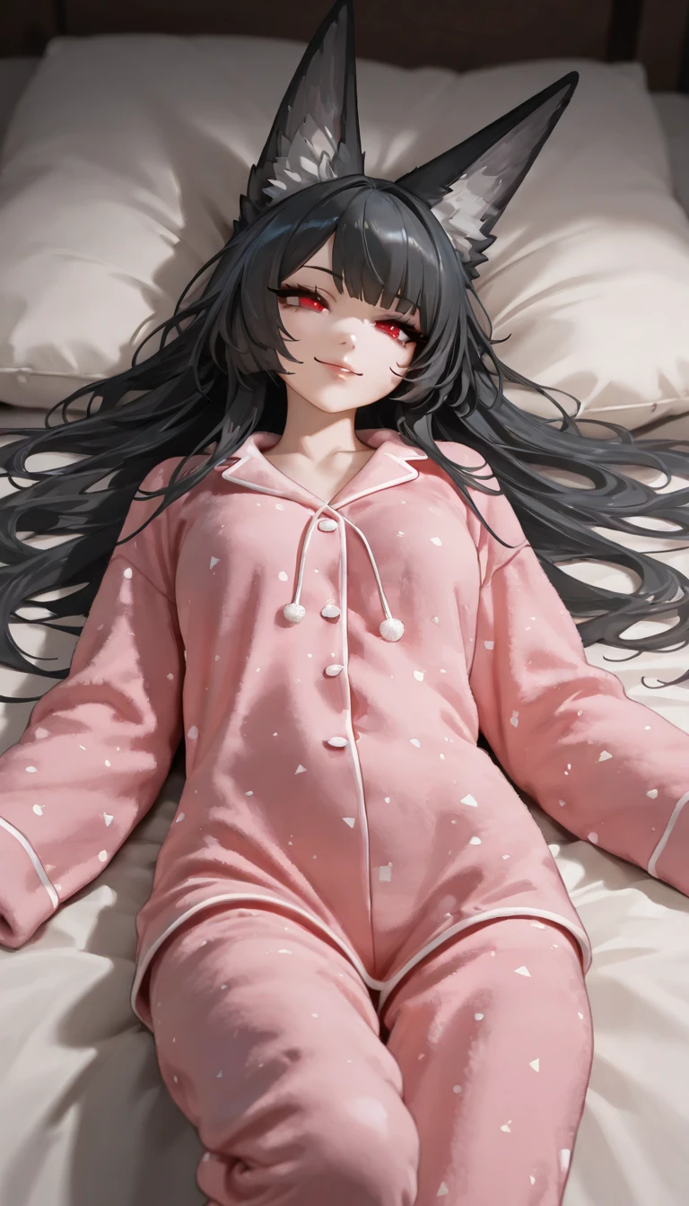1girl, beautiful detailed eyes, beautiful detailed lips, extremely detailed face, long eyelashes, fox ears, wearing oversized pajamas , laying on beds, black hair, red eyes, (best quality,4k,8k,highres,masterpiece:1.2),ultra-detailed, digital painting, concept art, cinematic lighting, vibrant colors, dynamic composition, soft body, cleavages, smiling shyly