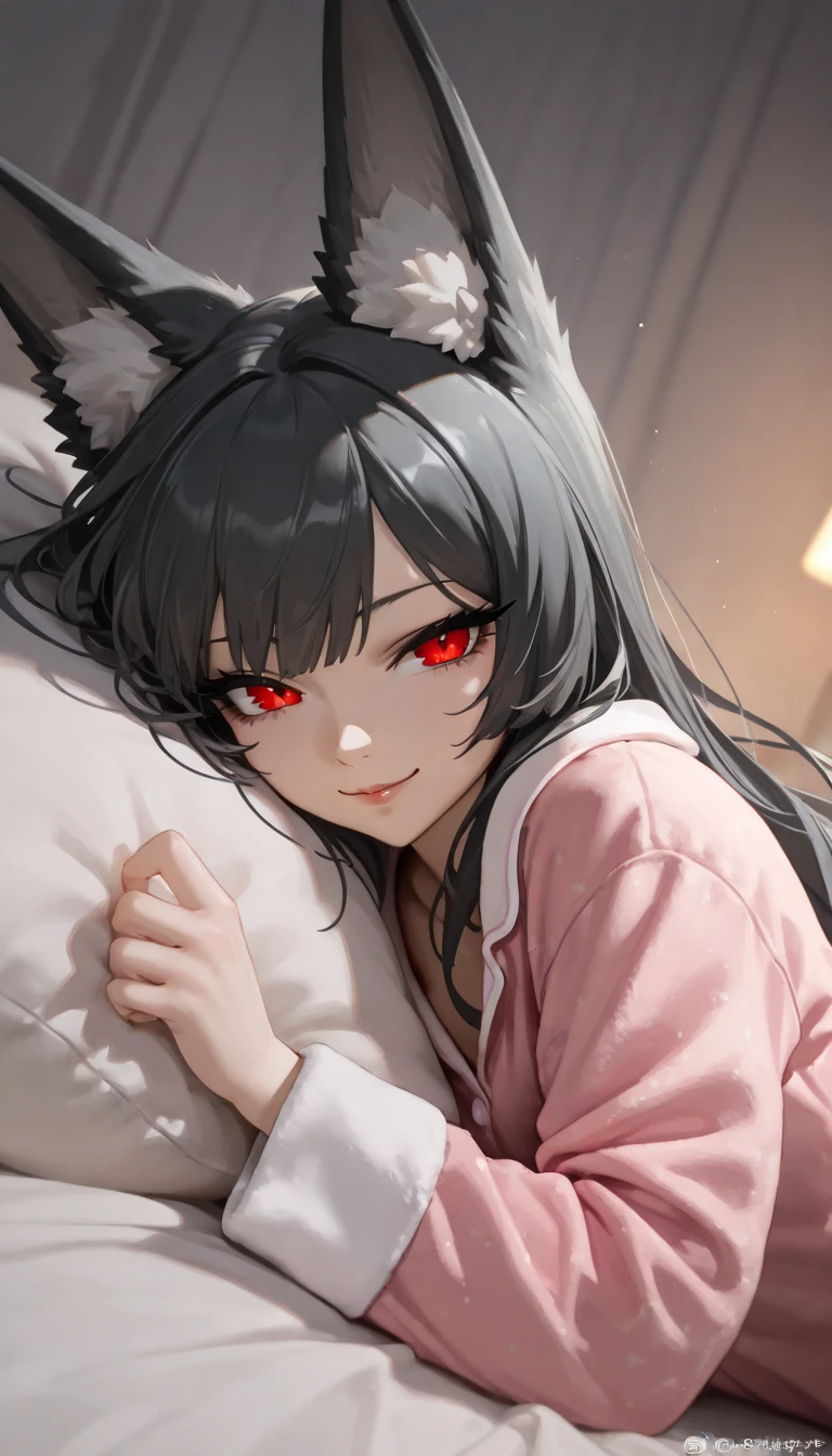 1girl, beautiful detailed eyes, beautiful detailed lips, extremely detailed face, long eyelashes, fox ears, wearing oversized pajamas , laying on beds, black hair, red eyes, (best quality,4k,8k,highres,masterpiece:1.2),ultra-detailed, digital painting, concept art, cinematic lighting, vibrant colors, dynamic composition, soft body, cleavages, smiling shyly