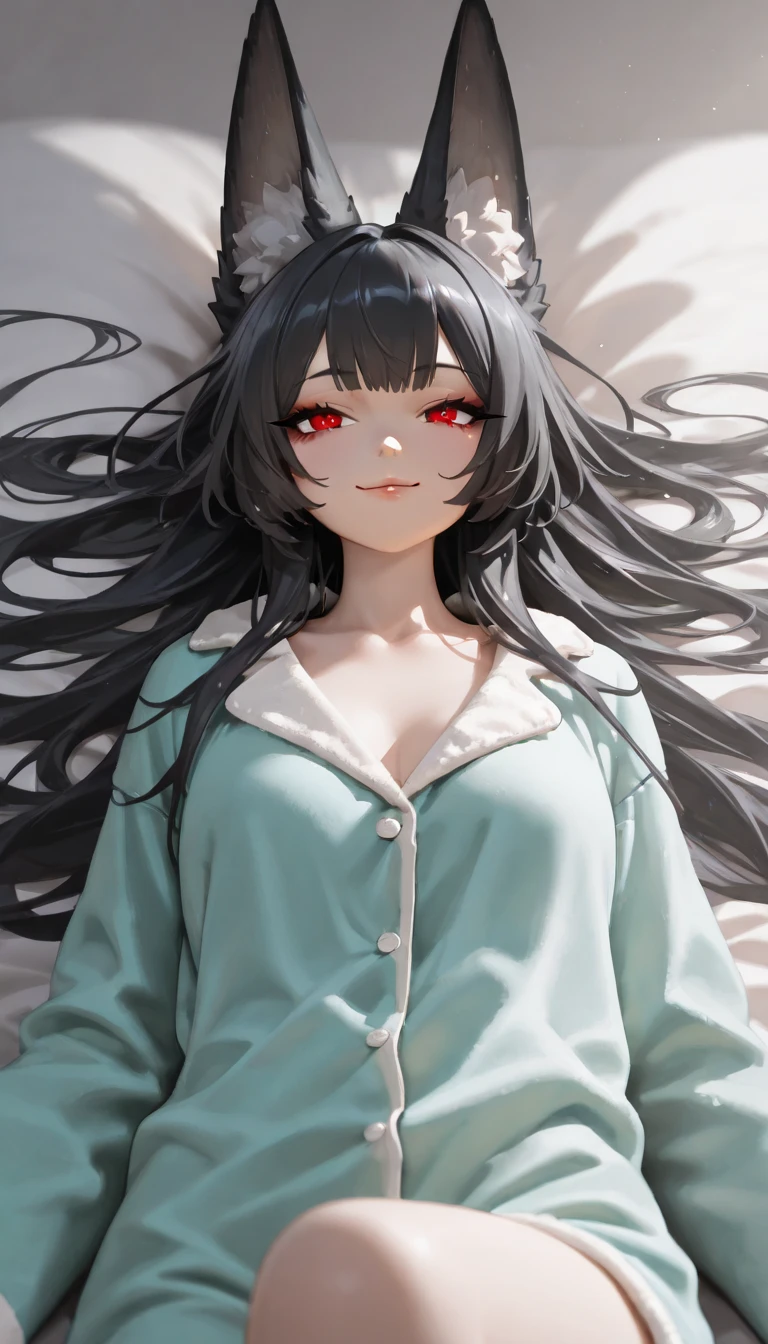 1girl, beautiful detailed eyes, beautiful detailed lips, extremely detailed face, long eyelashes, fox ears, wearing oversized pajamas , laying on beds, black hair, red eyes, (best quality,4k,8k,highres,masterpiece:1.2),ultra-detailed, digital painting, concept art, cinematic lighting, vibrant colors, dynamic composition, soft body, cleavages, smiling shyly