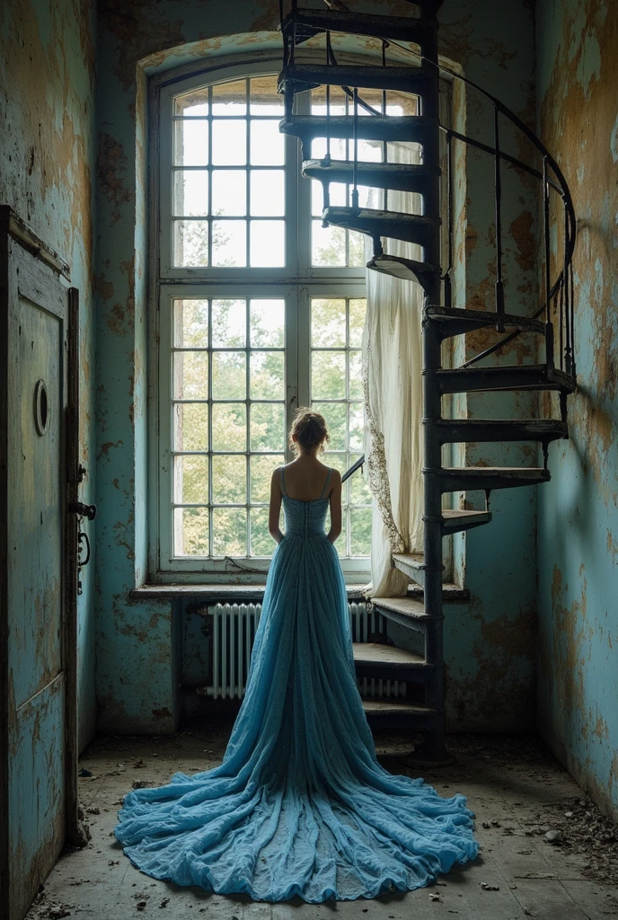 The narrow room has a very high ceiling. In the background, there is a cast-iron spiral staircase in the corner. A young asthenic girl in a blue evening dress with a train stands on the stairs.The long train falls to the floor in beautiful folds. Old paint, cracks, dust, debris. Huge dusty window, Bohemian photo style. Tim Walker/Vogue photo style.A beautiful young European woman stands at the window.