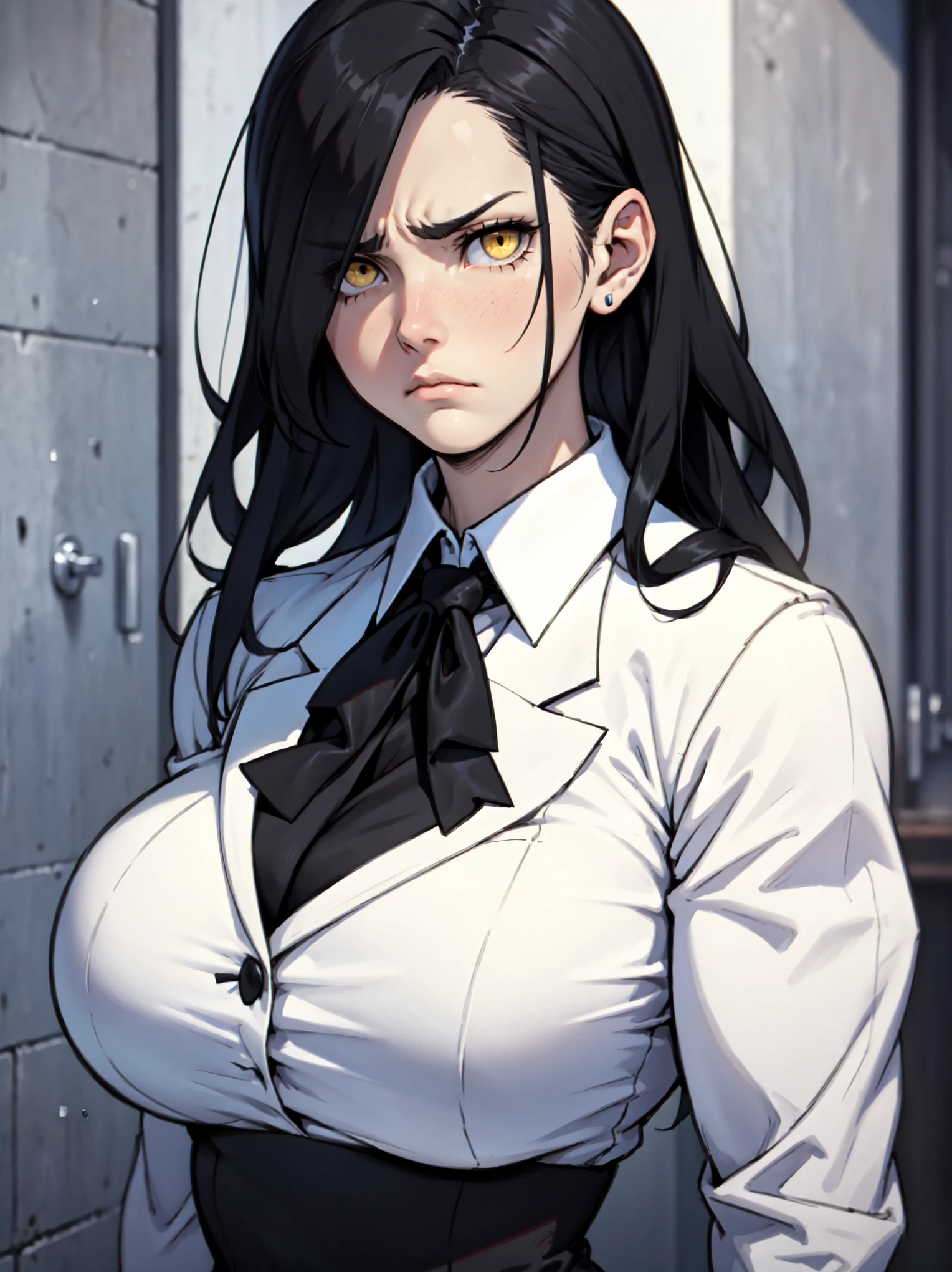 (huge breasts huge breasts huge breasts) bodybuilder muscular girl pale skin black hair yellow eyes dark atmosphere expressionless sad frown tight shirt long sleeve angry blush