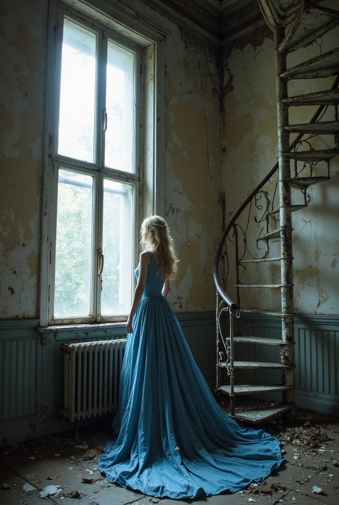 The narrow room has a very high ceiling. In the background, there is a cast-iron spiral staircase in the corner. A young asthenic girl in a blue evening dress with a train stands on the stairs.The long train falls to the floor in beautiful folds. Old paint, cracks, dust, debris. Huge dusty window, Bohemian photo style. Tim Walker/Vogue photo style.A beautiful young European woman stands at the window.