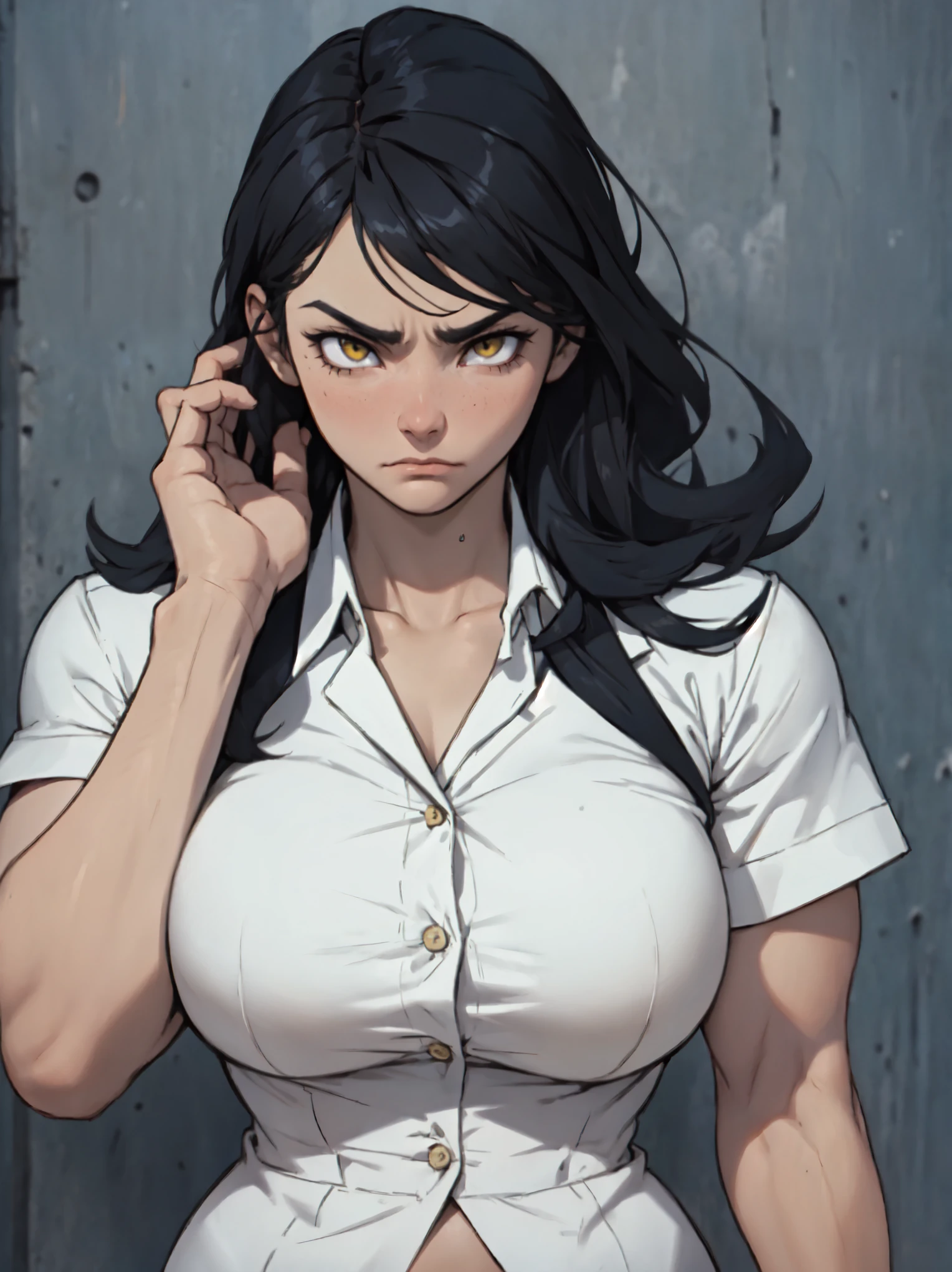 Long black hair, dark brown skin, brown eyes, suit, suit jacket over shoulder, white button up unbuttoned and loose, tough expression, cold expression, scars, female, woman, sitting, open legs, black suit, black suit jacket, open white buttoned shirt, black pants