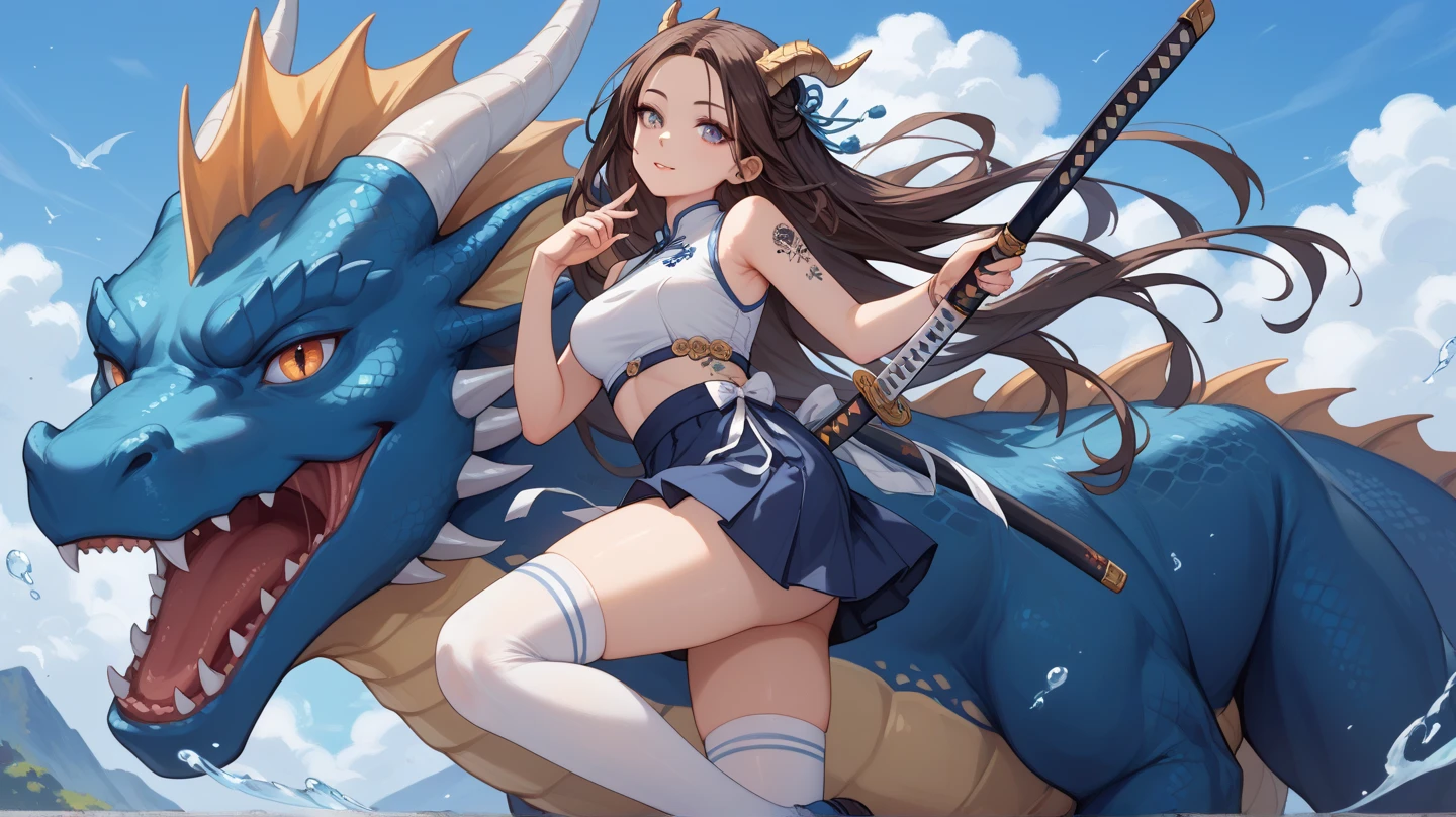 ((best quality)), ((masterpiece)), (detailed), 1girl, Sailor Saturn , school clothes , plaid skirt, menacing look, off shoulder, knife, cut, slash, riding flying shark vs dragon