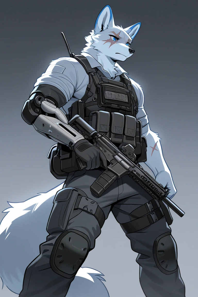 Male wolf, Furry,gray wolf, short hair,Golden pupils,sniper gun,starrysky, standing, red eyes, (Realistic eye details 1.2), topless, Hair coiled, (detail body), (detail fur)