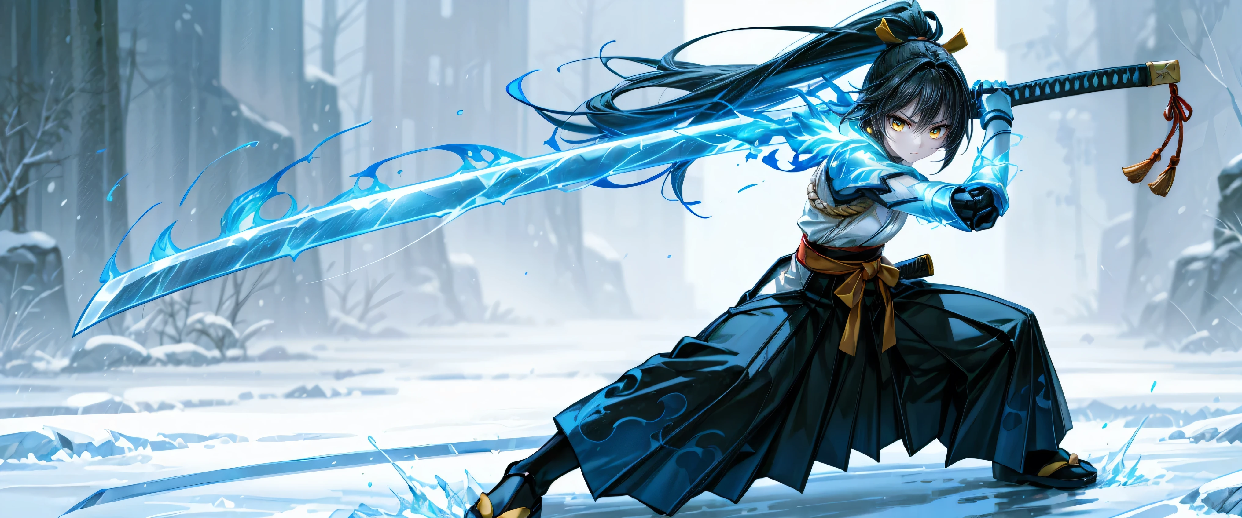 best quality, high detailed, (big weapon), Samurai Girl, mechanical right arm, attack stance, katana, frozen arm, cold blue flame, Slash effect, serious, hakama, beautiful eyes, super fine eyes