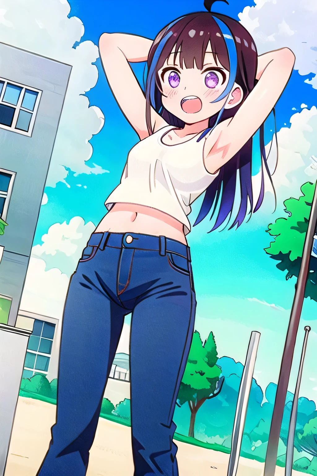 Anime girl with blue hair and white shirt standing in front of a ...