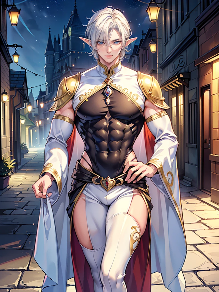High res, shading,((boy)),((human)), long white hair, white skin, white eyes, extremely long hair, castle background,((femboy)), wide hips, big ass, big thighs, smiling at viewer lovingly, ((flat chest)),((black cape)), androgynous, nighttime, fangs, massive muscles, massive pecs