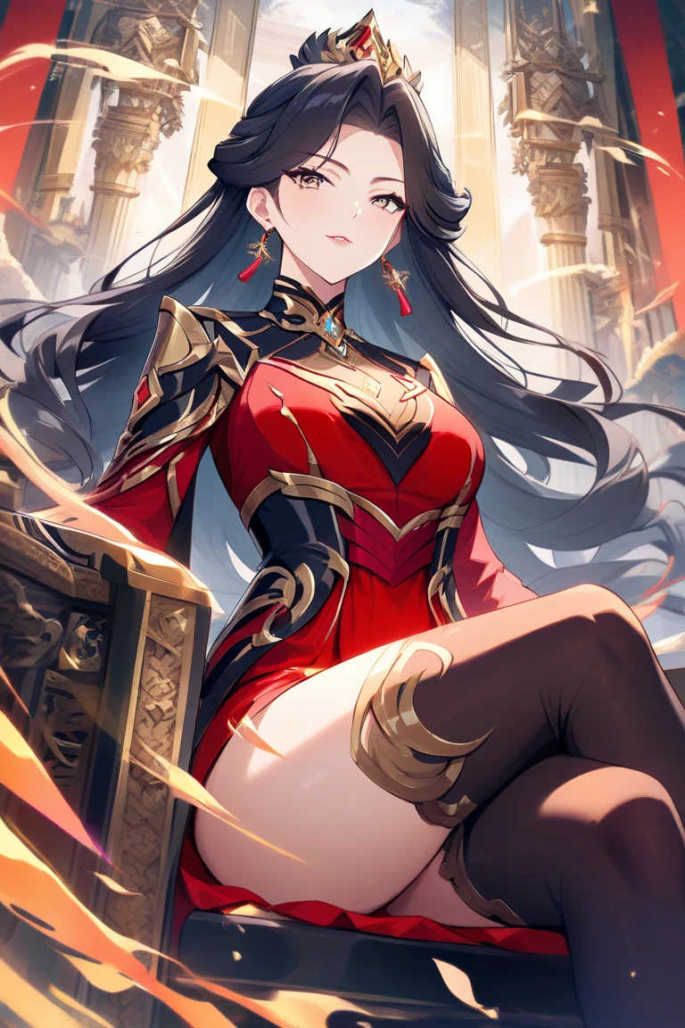 Woman, blue eyes, brunette hair gathered in a sloppy low bun, red tight Chinese dress, high black boots, dragon horns and tail, light lipstick, spear in hands, a short cape on the shoulders, cold emotionless gaxe