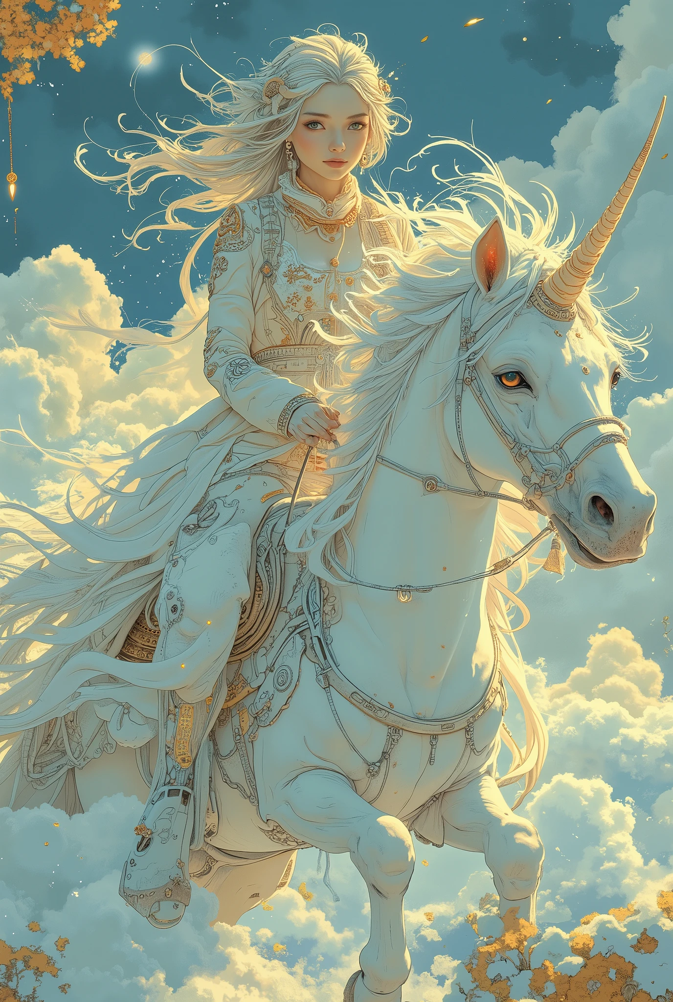 a woman, riding a white unicorn, beautiful, detailed, intricate, elegant, highly enhanced, dramatic light, sharp focus, illuminated background, divine, scenic, professional, artistic, attractive, pretty, cute, perfect, innocent, balanced colors, best, romantic, futuristic, stunning, magical, pure, wonderful, delicate, creative, positive, unique, flowing, color, shiny,