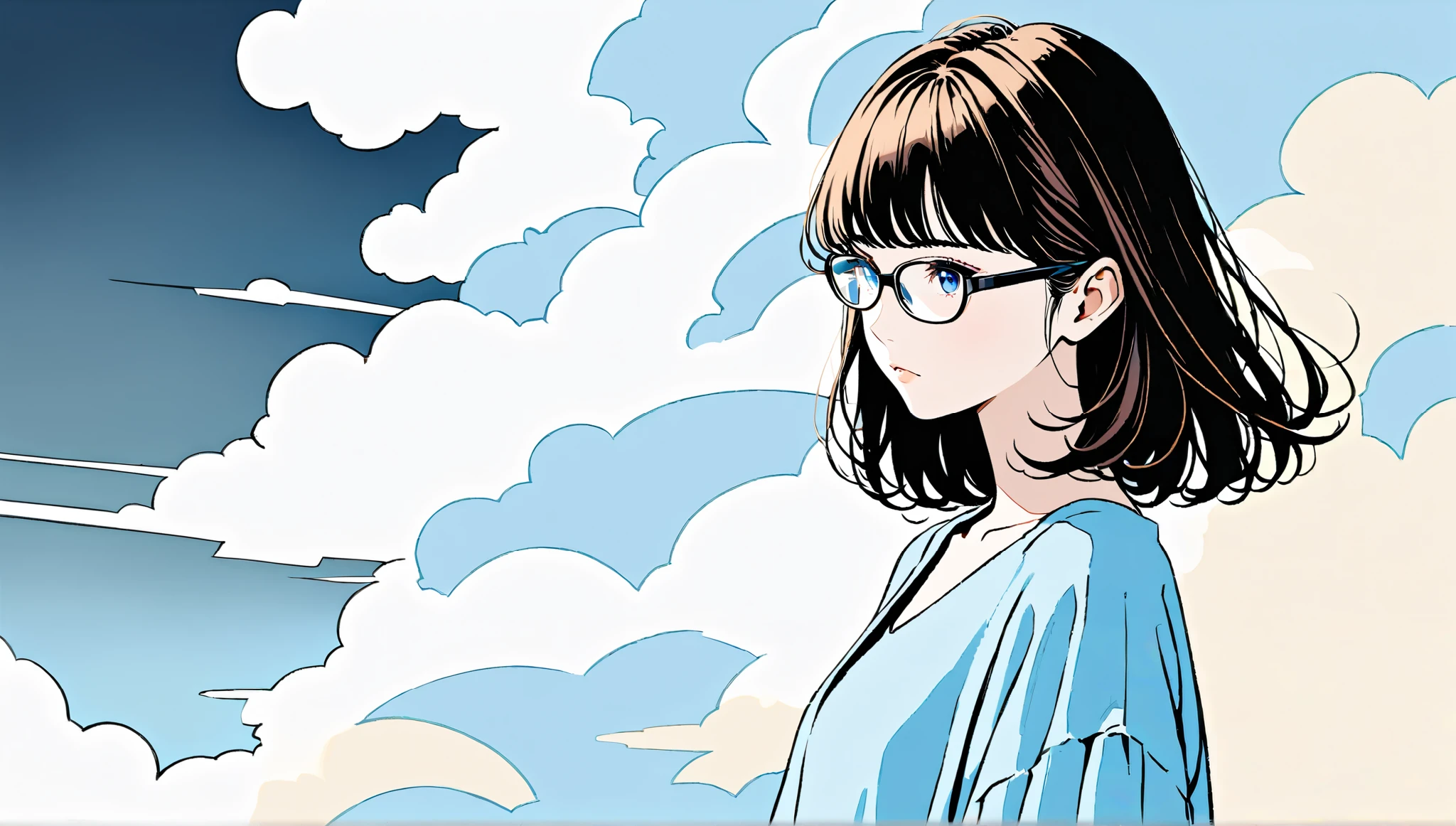 ((cloud))、((alone)),((null)),wind、((Transparency)),(( neon color)), expressionless,((Black semi-long hairstyle)),((( black rimmed glasses))),masterpiece, Highest quality, Beautiful attention to detail, Very detailed, In detail, High resolution, (( blue blouse、blue skirt))),Perfect Anatomy, , , girl, (one person:1.5), alone, (), (シンプルな夜null背景), Simple disco Background, (), (night), 80's fashion,anime, Side view、