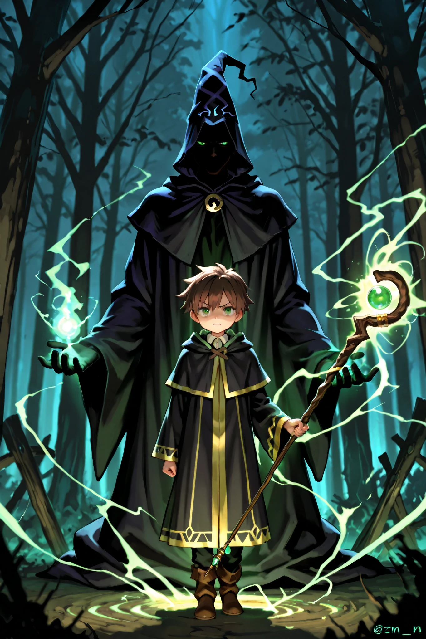 CREATE A HIGH-QUALITY IMAGE (4K, HD) Of a single young wizard, man, , with brown hair and intense green eyes. with approximately 1,70 m tall and a slender and agile body, his gaze expresses restrained anger and determination. He wields a wizard's staff ornamented while channeling vibrant magic into your hand, evidencing mystical energy. He wears a long traditional wizard robe, that moves smoothly in a dark and mysterious environment, where deep shadows and dramatic lighting emphasize his feelings. 