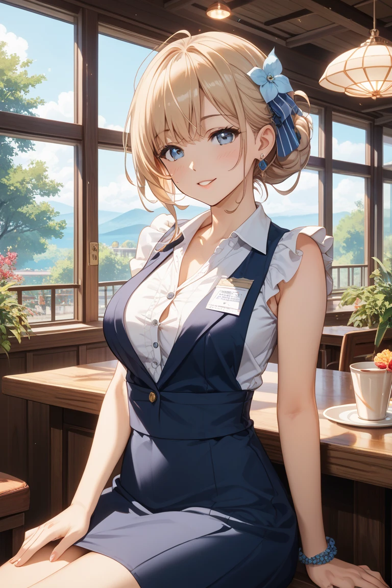 Highest quality、Ultra-high resolution、Fantasy、roleplaying game、Busty waitress、Inside the izakaya、freckles