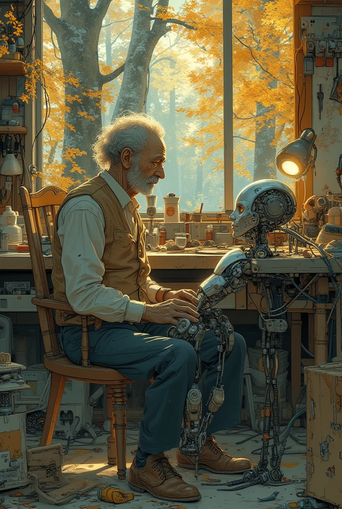 an old man, he is sitting on his chair, inside his homey workshop, with a window that showing a serene forest, warm sunlight shine through the window, the old man is fixing and repairing the android robotic head on his lap, the body without head robot lays on the desk, separated silver color body robot android, there are lots of tools and mechanical robot parts lay on the floor, anatomically correct, cinematic, beautiful, detailed, intricate, elegant, highly enhanced, dramatic light, sharp focus, illuminated background, divine, scenic, professional, artistic, attractive, pretty, cute, perfect, innocent, balanced colors, best, romantic, futuristic, stunning, magical, pure, wonderful, delicate, creative, positive, unique, flowing, color, shiny.