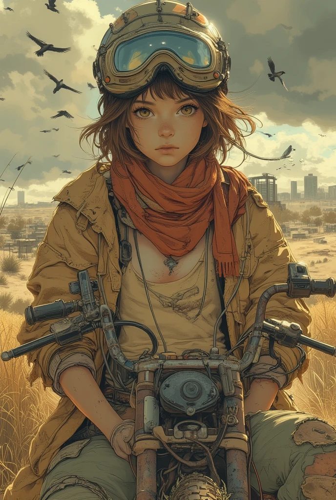 a woman with short brown hair and striking brown eyes, she wears motocross googles on her head, wears dull sandy tank top and dull green cargo pants, with a torn and shabby khaki coat, also she wears leather gloves on her hands and a dull red scarf on her neck, she is sitting on her rusty scrambler motorcycle, with tall dry grasses surrounding her, the background is deserted city with dramatic sky and dark clouds, flying crows, the wind blows to her with dust creates a hazy and dusty image, a post apocalyptic scene, beautiful, detailed, intricate, elegant, highly enhanced, dramatic light, sharp focus, illuminated background, divine, scenic, professional, artistic, attractive, pretty, cute, perfect, innocent, balanced colors, best, romantic, futuristic, stunning, magical, pure, wonderful, delicate, creative, positive, unique, flowing, color, shiny,

