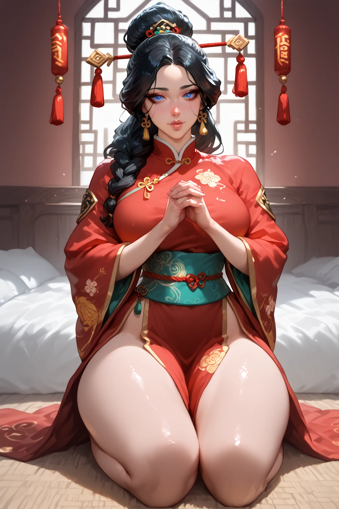 (beautiful woman wearing hanfu, exquisite eyes, Large Breasts, Beautiful hip curve, Smiling, legs spread, eternal,Push your hips forward, pubic hair, Large areola, Explicit content, Retro fashion, open mouth, best quality, 4K, 8k, High resolution, masterpiece:1.2, Super detailed, current, photocurrent, photo-current:1.37, high dynamic range, super high quality, Studio lighting, Ultra-fine coating, sharp focus, Physically based rendering, extremely detailed description, professional, bright colors, Bokeh),nude,Squat with legs open,Hands touching sexual organs,thick,thick pubic hair,Hands caressing room,stick in hand,Straddle wooden horse chair,Nice butt