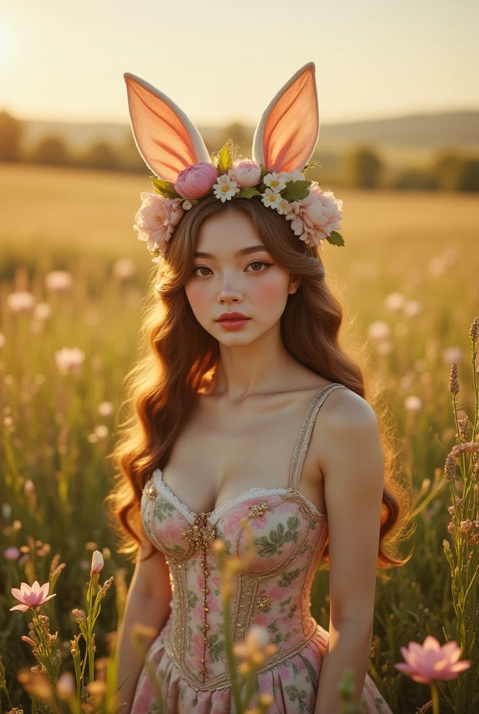 An ultra detailed, top view, a young woman in a field, wearing bunny ears and a lotus flower crown and flower corset, ultrarealistic sweet, hyper realistic, realism, digital art, solar, sunlight, sunlit, cinematic, perfect contrast, high sharpness, depth of field, ultra detailed photography, global illumination, smooth, ultra high definition, 8k, ultra sharp focus, award winning photograph
