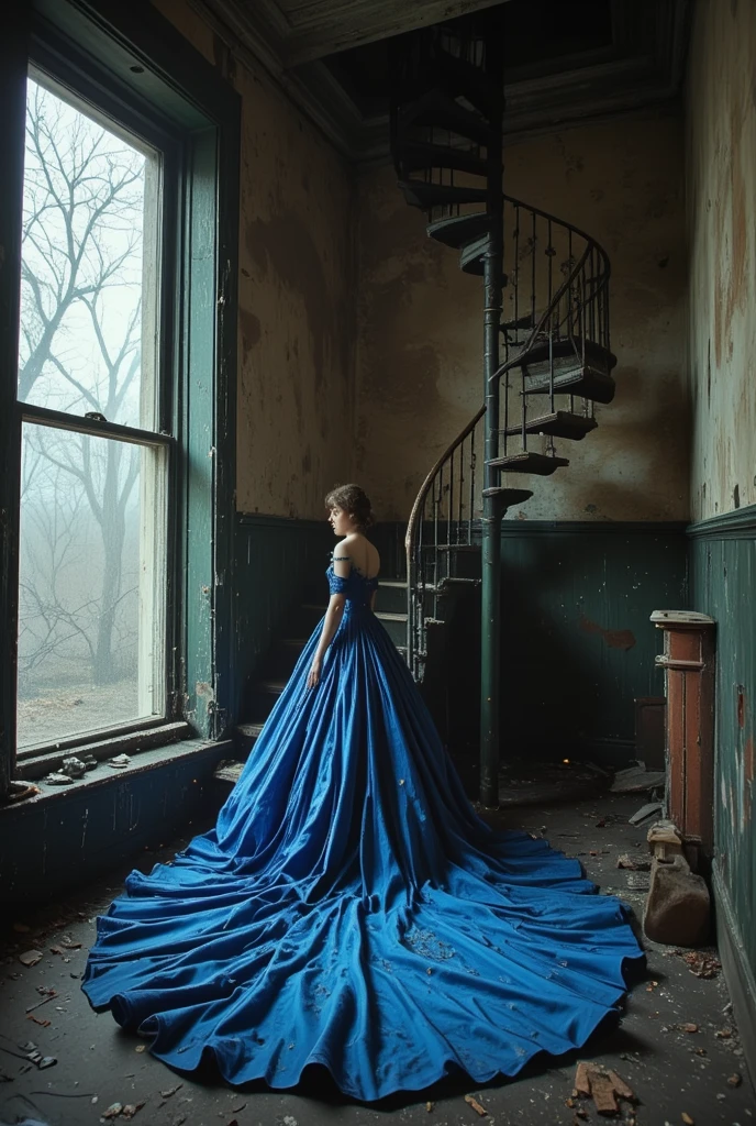 The narrow room has a very high ceiling. In the background, there is a cast-iron spiral staircase in the corner. A young asthenic girl in a blue evening dress with a train stands on the stairs.The long train falls to the floor in beautiful folds. Old paint, cracks, dust, debris. Huge dusty window, Bohemian photo style. Tim Walker/Vogue photo style.A beautiful young European woman stands at the window.