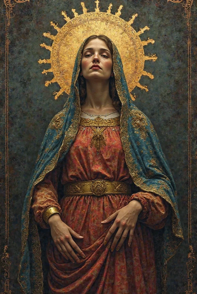 Think like a contemporary art artist and create a high-quality image (full hd) that represent the seven sorrows of the Virgin Mary, merging traditional and contemporary elements. It must include symbols of suffering, spirituality and resilience, reflecting the deep emotion and relevance of these issues in the current context. The image must capture the essence of these pains through an impactful and meaningful visual composition