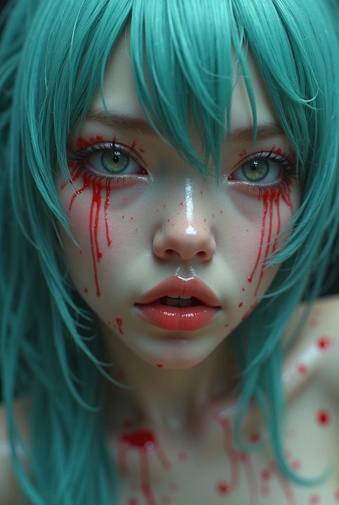 The girl is mentally ill and has Hanahaki disease. Long Mint green hair, purple eyes, and full of cuts.
Wearing Lolita clothes