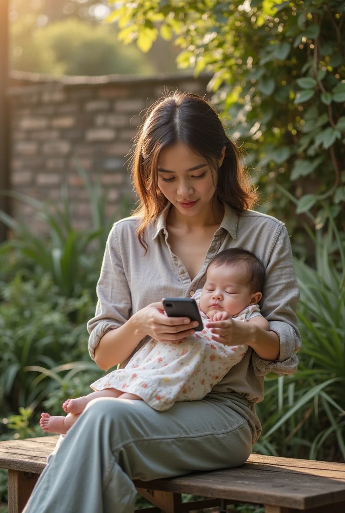 The woman sits on a bench，Bring baby and cell phone, babies in her lap, checking her phone, at park, 480p, 4 8 0 p, maternal photography 4 k, shanghai, 4 0 9 6, checking her phone, YouTube video screenshots, Uptrend ，, in a city park, Hangzhou, video still, In Park, beijing