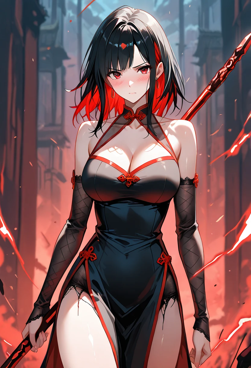 1 girl, thedemongirl, Alone, brunette color hair, short-length straighthair, mitts, high bun, side bang, Long horn, Super detailed red eyes and black eyes, slit_pupils, very Bigger breasts, Gothic dresses,Ultra-detailed sleeveless gothic dress, light gothic dress, Skirtless gothic dress, gothic cathedral, Blazing flames surround the girl, inner chamber of the cathedral, The room was on fire, fire emanating from eyes, dim murky lights, warm color, hat with veil, beautiful postures, serious expressions
