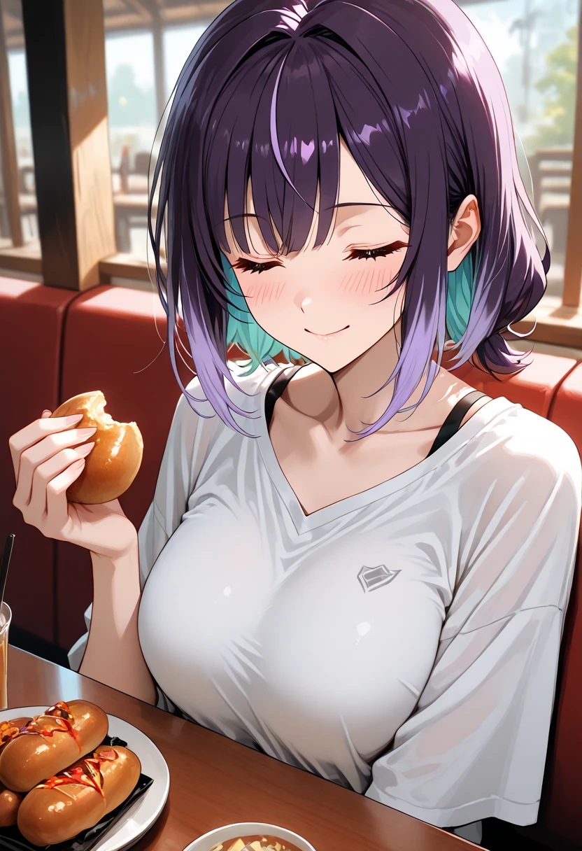 Tabletop, Highest quality, shape, Very detailed, In detail, High resolution, 8k wallpaper, Perfect dynamic composition, Beautiful attention to detail, ,Medium Hair、Natural color lips, Bold sexy pose,((One 20-year-old girl with purple hair))、Small underwear、Big Breasts、Big Ass、Inside a fast food restaurant、I&#39;m drinking juice、smile、cute、sexy shot looking at camera、