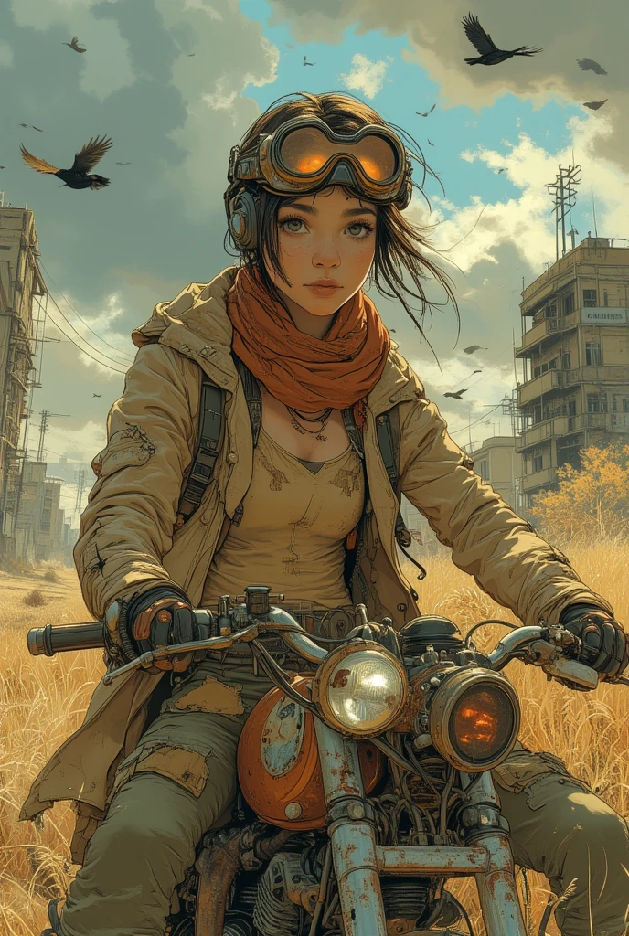 a woman with short brown hair and striking brown eyes, she wears motocross googles on her head, wears dull sandy tank top and dull green cargo pants, with a torn and shabby khaki coat, also she wears leather gloves on her hands and a dull red scarf on her neck, she is sitting on her rusty scrambler motorcycle, with tall dry grasses surrounding her, the background is deserted city with dramatic sky and dark clouds, flying crows, the wind blows to her with dust creates a hazy and dusty image, a post apocalyptic scene, beautiful, detailed, intricate, elegant, highly enhanced, dramatic light, sharp focus, illuminated background, divine, scenic, professional, artistic, attractive, pretty, cute, perfect, innocent, balanced colors, best, romantic, futuristic, stunning, magical, pure, wonderful, delicate, creative, positive, unique, flowing, color, shiny,

