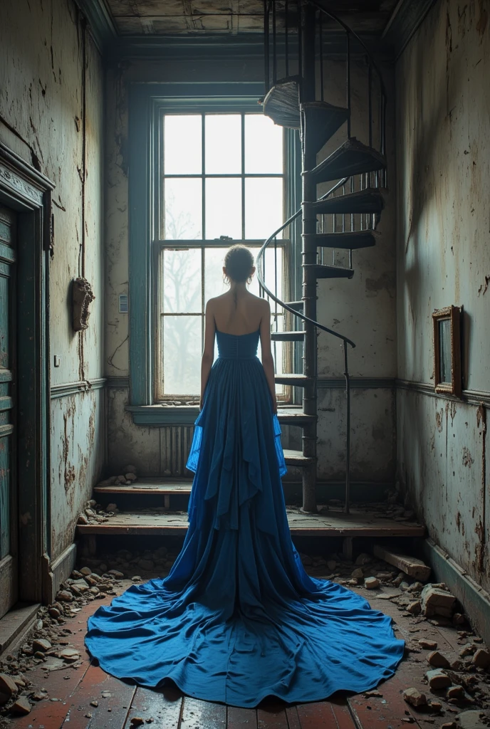 The narrow room has a very high ceiling. In the background, there is a cast-iron spiral staircase in the corner. A young asthenic girl in a blue evening dress with a train stands on the stairs.The long train falls to the floor in beautiful folds. Old paint, cracks, dust, debris. Huge dusty window, Bohemian photo style. Tim Walker/Vogue photo style.A beautiful young European woman stands at the window.