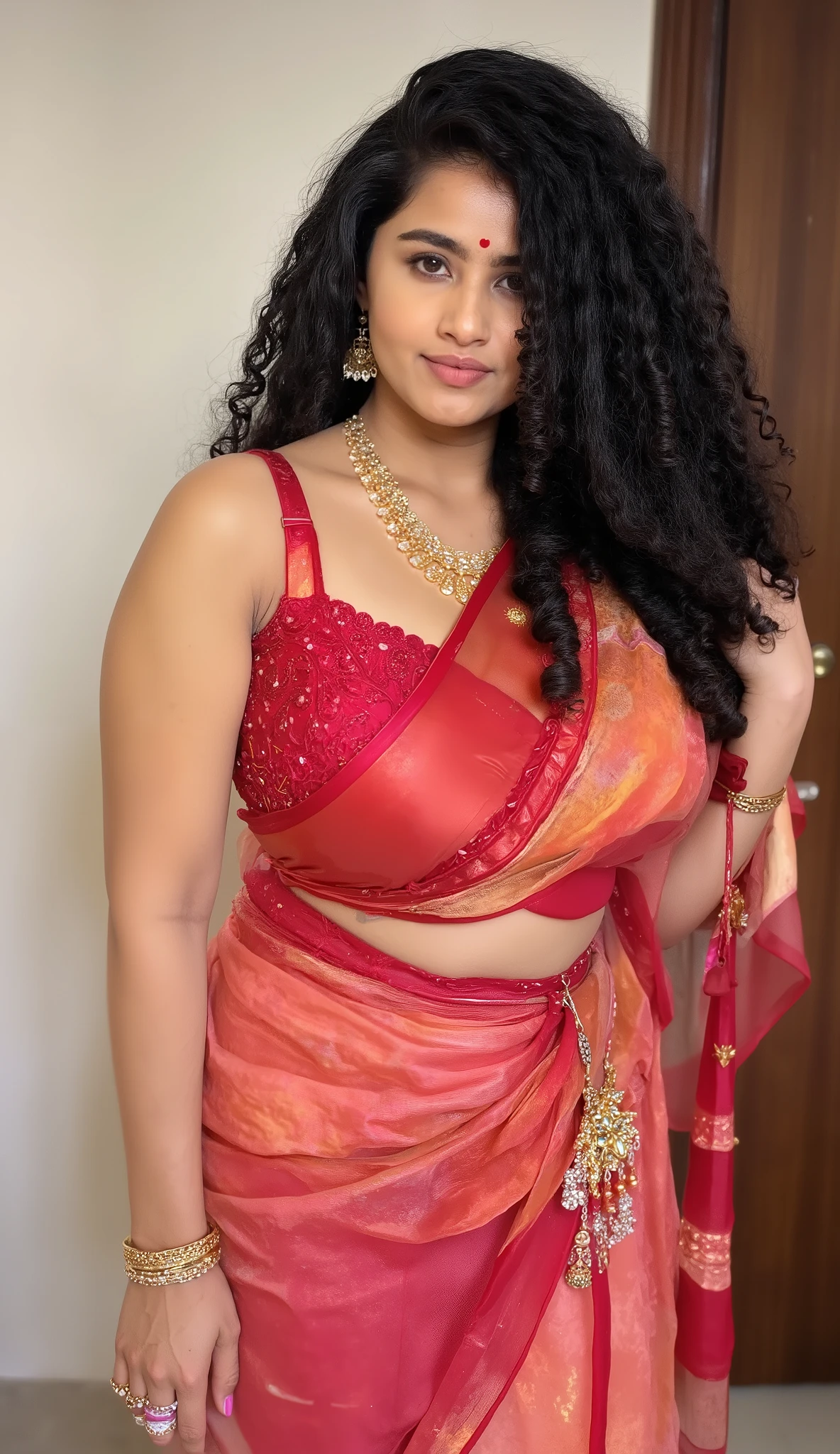 Fit, light pink transparent saree, Tight on breast red glossy strapless blouse,VEIL, Big lips, full body picture , Moaning facial expressions,Mouth slightly open and expression like moaning,Bindi on forehead, wet Desi woman showing her big ass in sexy THONG pattern sexy lingerie and showing cleavage and in nose ring, many red and white bangles in hands,earings, necklace ,lipstick ,navel,Indian, Chubby, showing her curves, in bedroom and STRAP IN NECK. Indian married woman, Perfect hands