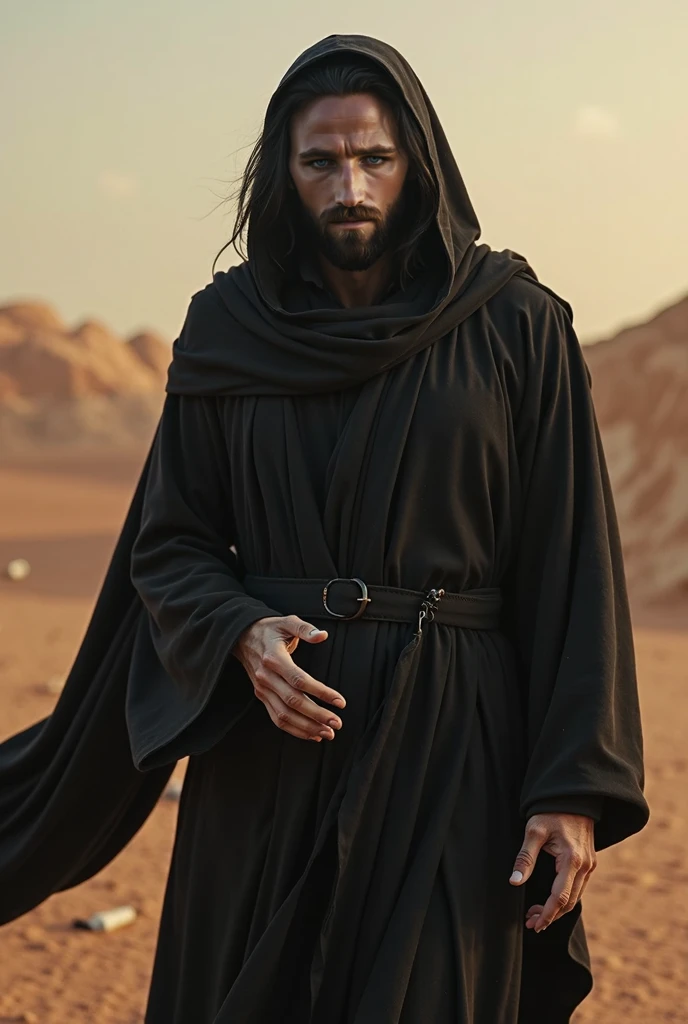 Messi in a desert wearing black dress like a Arabic people