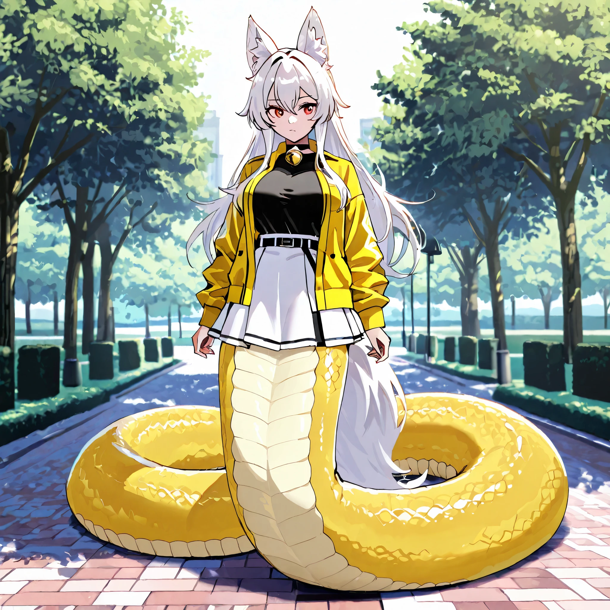 score_9, score_8_up, score_7_up, 1girl, white hair, red eyes, bell collar, black shirt, yellow jacket, white skirt, fox ears, lamia, (yellow scales:1.2), tail, 4k, 8k, 16k, full body, best quality, standing, outside, fox tail, PonyScores, park, HDA_ChibiStyleXL,