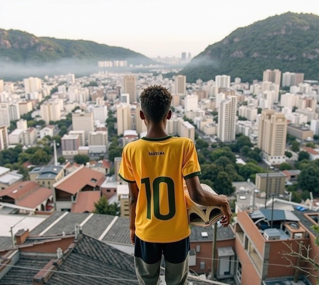 Black boy at the site of Christ the Redeemer looking at the hill in Rio de Janeiro 