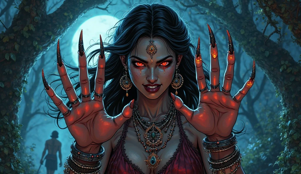 Digital illustration with a dark, eerie style. (full body) The layout features a central figure, a woman with long, disheveled black hair, snake in hair like medusa, crawling towards the viewer. Her skin is black, dark, and her eyes are glowing white, detailed face, brunette body, scary looks, four hands, cruel smile on face, blood on teeth, giving her a menacing appearance. She has a wide, sinister grin with sharp teeth. The woman is dressed in red sari, dark atmosphere, scary bloody ambience