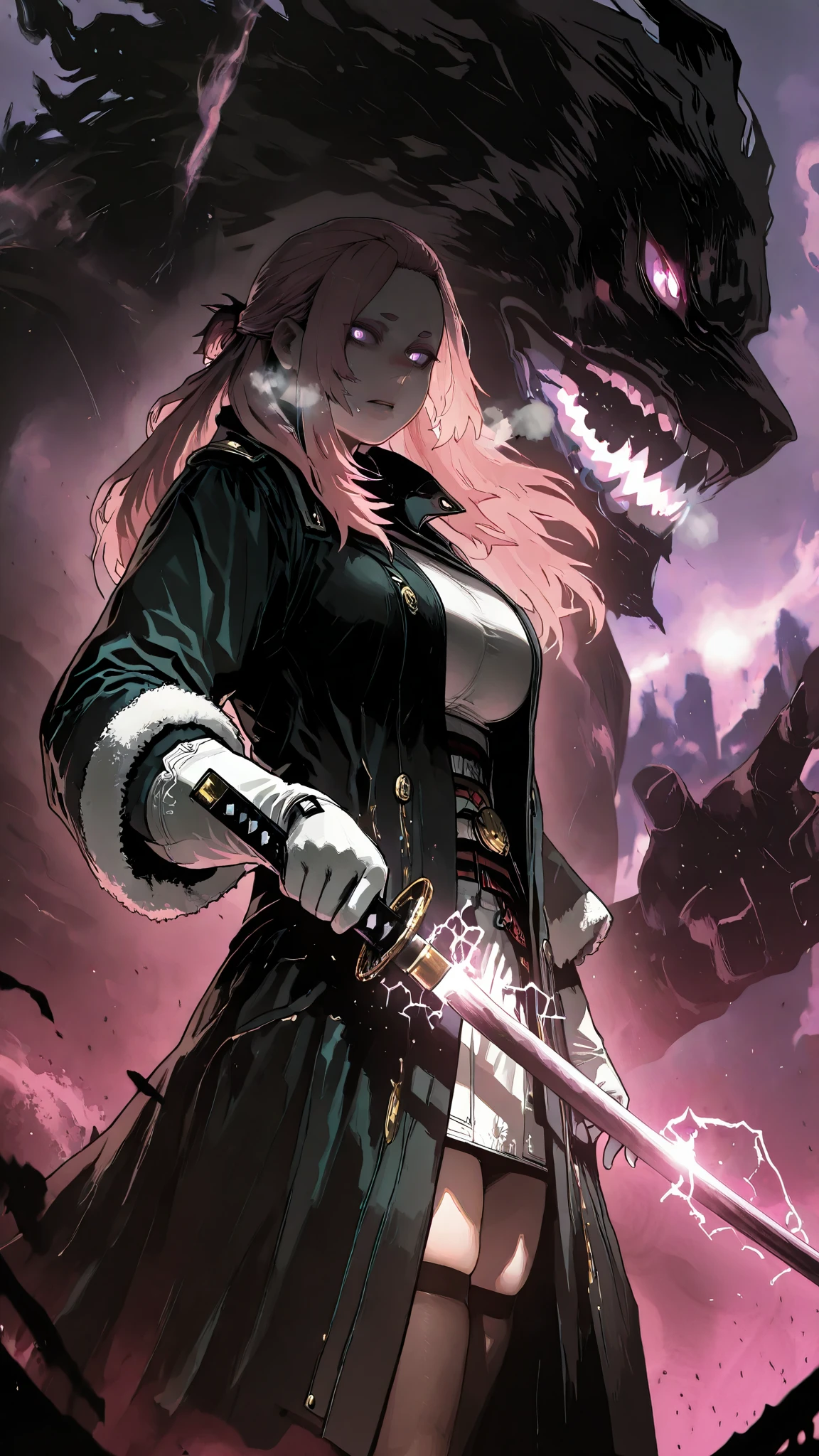 (Luxu-style:1.4), (Gogalking-style:1.2), (Kohei Horikoshi, My Hero Academia), Masterpiece, high quality, absurdres, best quality, very aesthetic, newest, dramatic light, chiaroscuro technically, contrasting color, dynamic composition, anatomical correct, HD, 4K, digital art, trending on DeviantArt, perfect body, perfect eyes, makeup, detailed eyes, perfect fingers, gasping, heavy breathing, excessive sweating, sweating, sweating profusely, gasping profusely, cinematic, ((skindentation)), ((voluptuous)), Mmananakiri, mature female, long hair, half updo hair, ((dark-pink hair)), purple eyes, short eyebrows, big breasts, bright pupils, weapon, sword, holding, holding_weapon, holding_sword, gloves, solo, looking_at_viewer, katana, purple_theme, white_gloves, glowing, glowing_eyes, long_sleeves, monster, standing, coat, ((dark aura, black aura)), glowing eyes, electricity, epic, sparkle, particles , glowing,ember