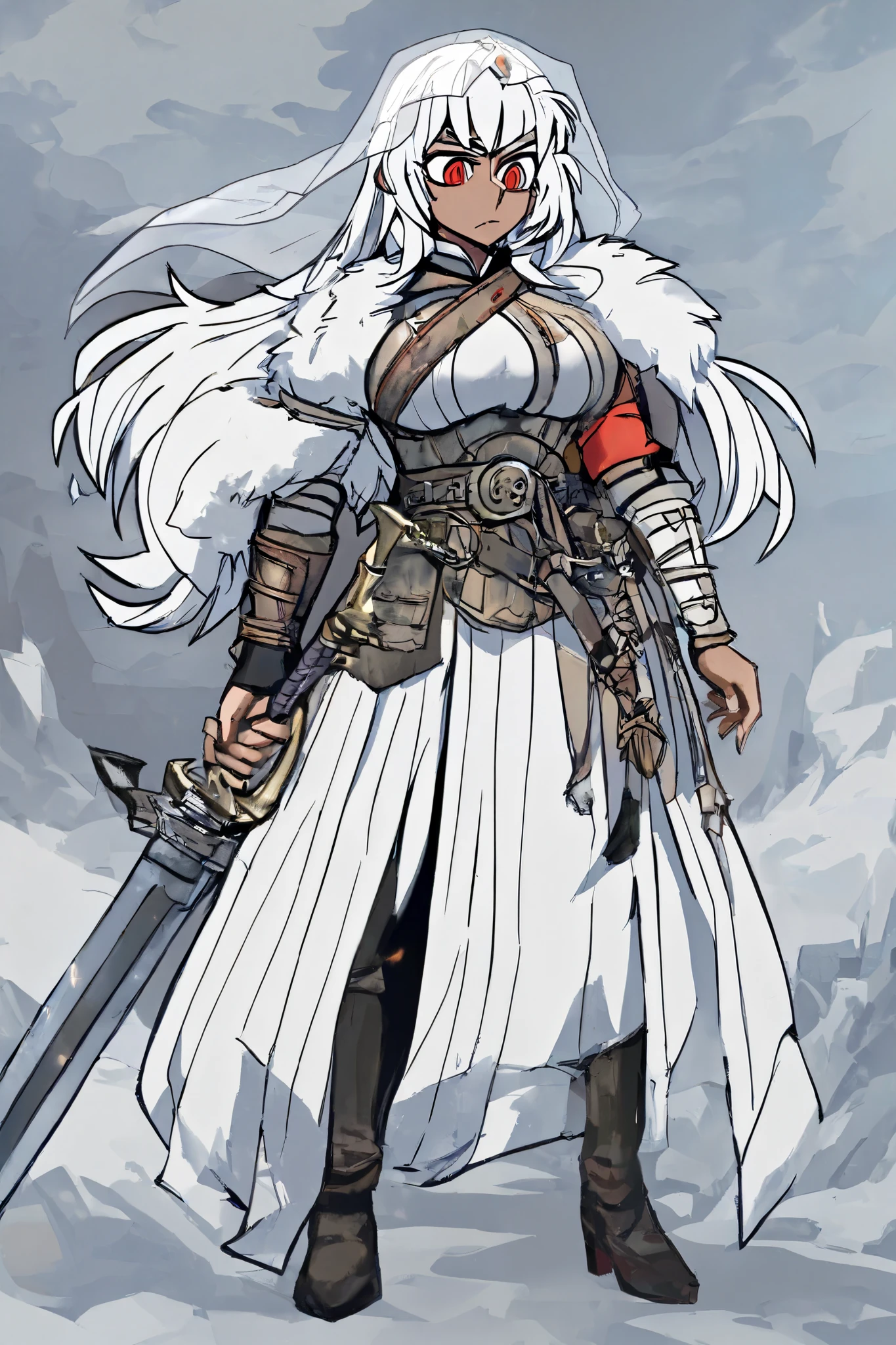 a girl wearing armor standing , 1girl, solo, dark-skinned female, helltaker style,red eyes, dark skin, white hair, transparent veil,no horns,weapon, white Mongolian armor ,full body armor,white fur coat,breasts, big breasts, long hair, sword, bangs