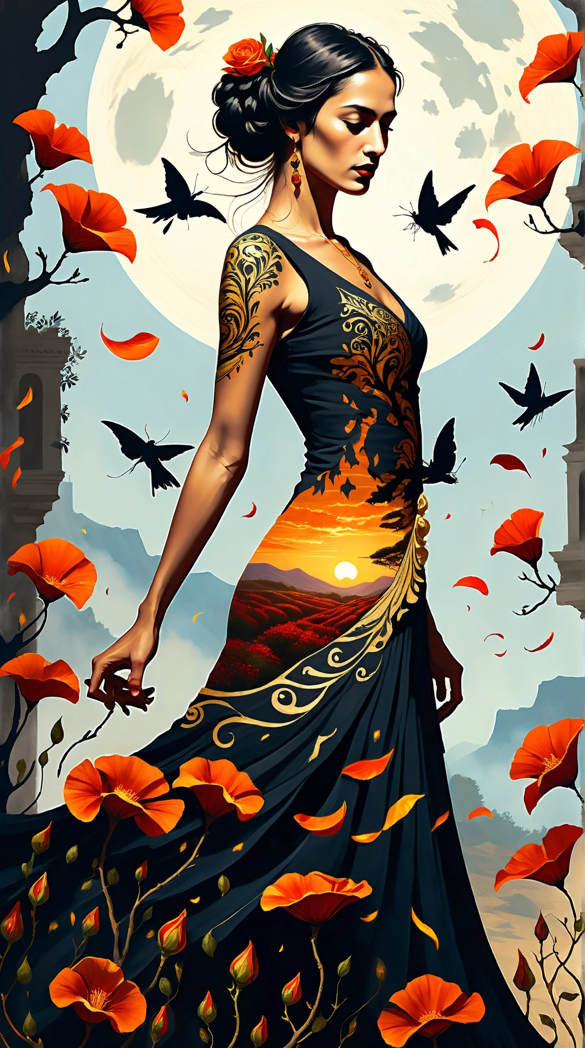 masterpiece, realistic oil painting of a woman with glowing (((red eyes iris))), (white eyes sclera), black hair, big boobs, small waist, ((golden necklace)), 5 fingers each hand, ((dark green nails)), vivid green makeup , ((vivid green)) ((eyeliner)), dark aqua dress, angel, flowers floating in a spiral, ((black wings)) , ((((4 wings)))), peace sign, bunch of flowers on background, milions of flowers on the background, (((flowers))), dynamic angle, low angle, ((360 degree motion)), brilliant colors, vivid colors, artstation, behance.