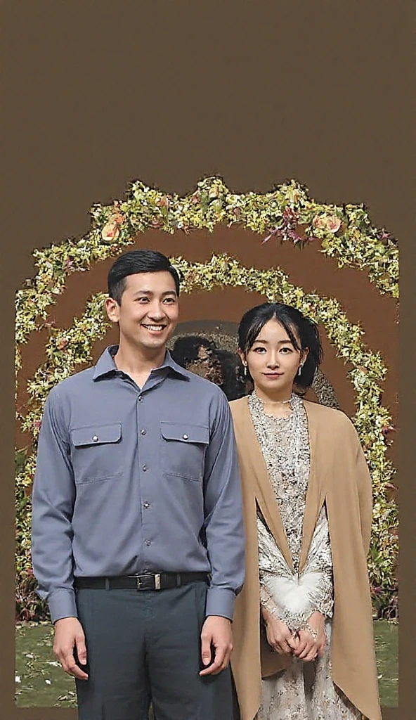 The princess, White wedding dress, man, black business suit, The prince possesses the princess with a necklace, The bride siated, smileing, happiness, Photo studio, black hair, halo, bead necklace, longeyelashes, hoop earrings, Surrealism, interior architecture, rococo style, Verism, depth of field, chiaroscuro, Fujifilm, character chart, close-up, cowboy shot, Sony FE GM, UHD, high quality, textured skin, high details