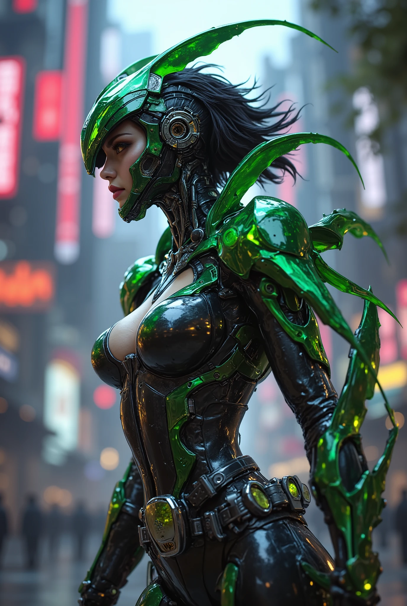 Poison Ivy from DC photography, biomechanical, complex robot, full growth, hyper-realistic, insane small details, extremely clean lines, cyberpunk aesthetic, a masterpiece featured at Zbrush Central
