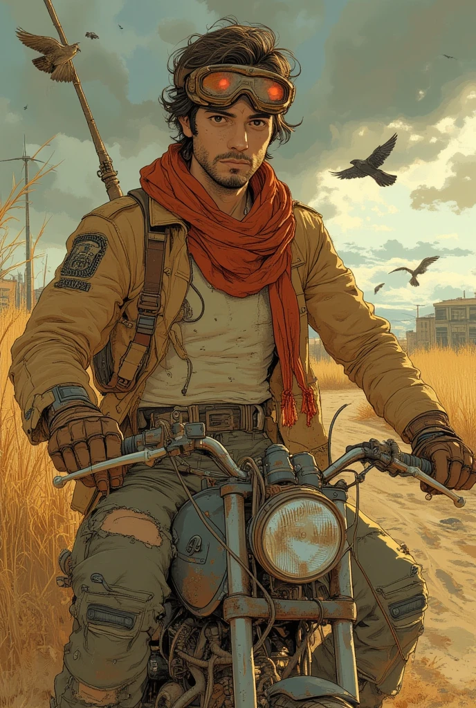 a woman with short brown hair and striking brown eyes, she wears motocross googles on her head, wears dull sandy tank top and dull green cargo pants, with a torn and shabby khaki coat, also she wears leather gloves on her hands and a dull red scarf on her neck, she is sitting on her rusty scrambler motorcycle, with tall dry grasses surrounding her, the background is deserted city with dramatic sky and dark clouds, flying crows, the wind blows to her with dust creates a hazy and dusty image, a post apocalyptic scene, beautiful, detailed, intricate, elegant, highly enhanced, dramatic light, sharp focus, illuminated background, divine, scenic, professional, artistic, attractive, pretty, cute, perfect, innocent, balanced colors, best, romantic, futuristic, stunning, magical, pure, wonderful, delicate, creative, positive, unique, flowing, color, shiny,

